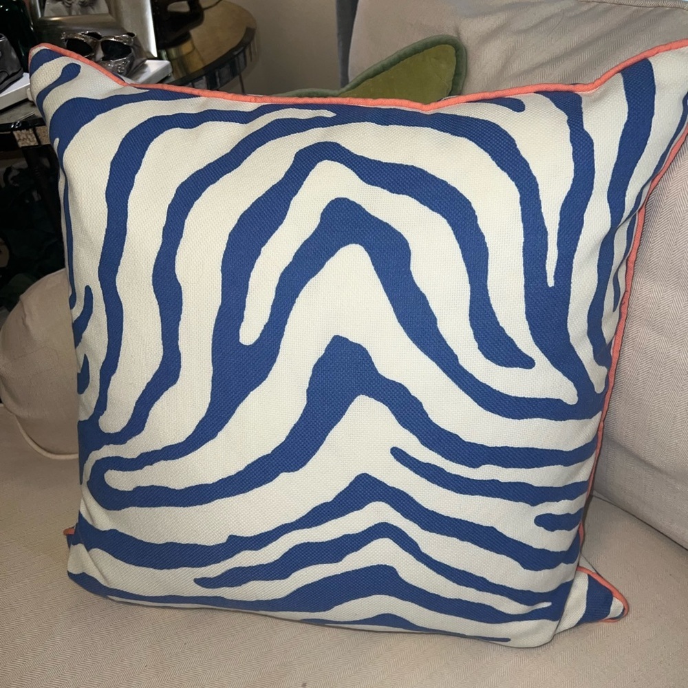 Custom Zebra Print Blue and White Throw Pillow with Coral trim, EUC